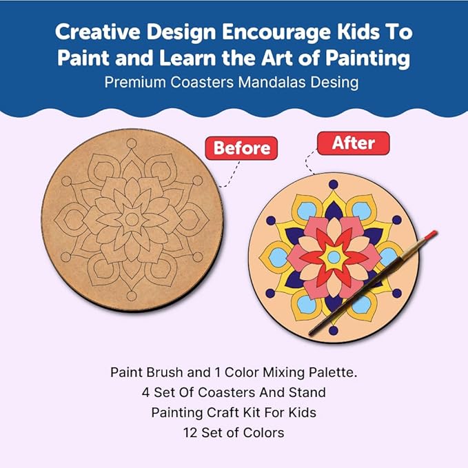 Mini Leaves Diwali Rangoli Mandala Kit | Mandala Art and Craft Kit for Girls 9-12 | Set of 4 With Painting Colors