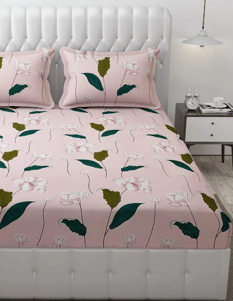 Fresh From Loom Floral King Size Bedsheet Microfiber Rotary Printed Hypoallergenic Wrinkle Free With 2 Pillow Covers Multicolor 144 TC Flamingo