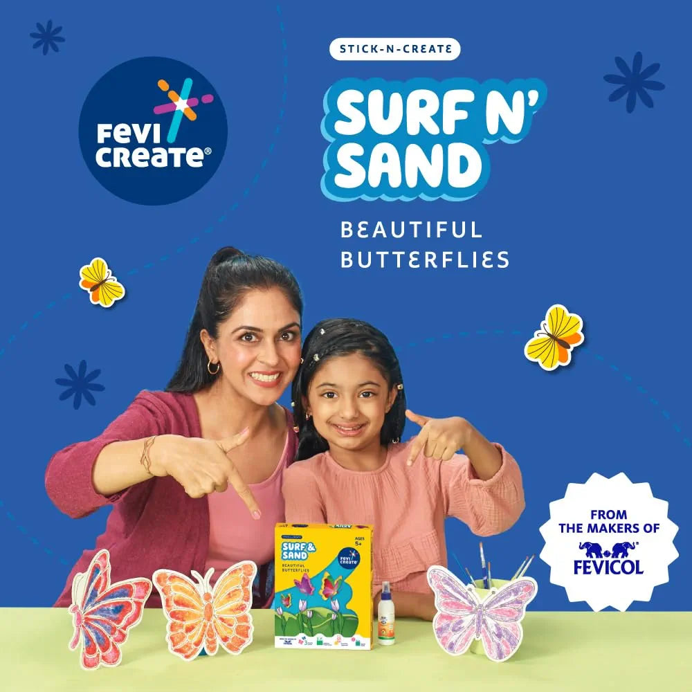 Fevicreate Sand Art Butterflies Art & Craft Kit | Includes Butterfly Templates, Multi-Coloured Sand, Magnet Strip, Spatula & More | by Fevicol | Best Gift for Boys & Girls Age 5+ | Return Gift