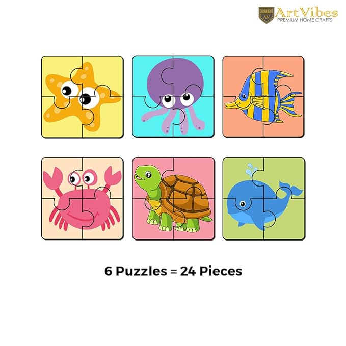 Artvibes Sea Animals Jigsaw Puzzle Games for Children & Kids Age 2-5 | Toddler's Wooden 4 Pieces Puzzle | Set of 6