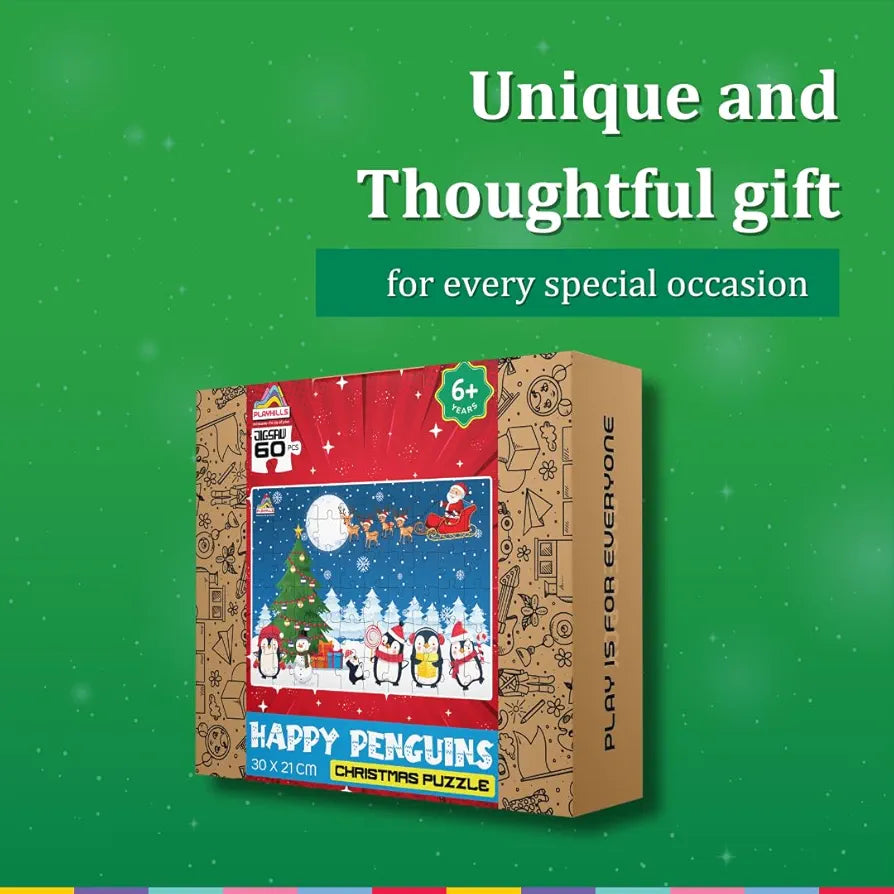 Playhills Wooden Puzzle Happy Penguin Family Celebrating Christmas 60 Puzzle Pieces, Ideal Christmas Gift for Kids 3,4,5,6,7 Years