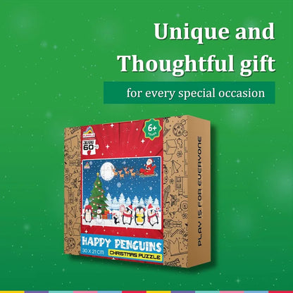 Playhills Wooden Puzzle Happy Penguin Family Celebrating Christmas 60 Puzzle Pieces, Ideal Christmas Gift for Kids 3,4,5,6,7 Years