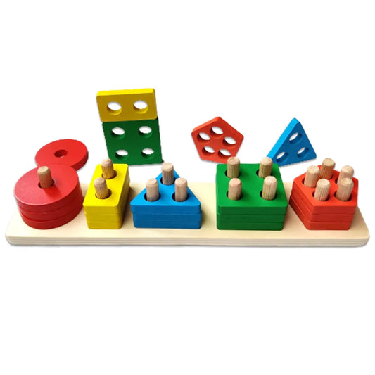KIDS KINDLY Wooden Geometric Shape Sorter, 5 Column Set -20 Blocks, Stacking Puzzle for Kids, Birthday Gifts for Boys & Girls, Age 2+