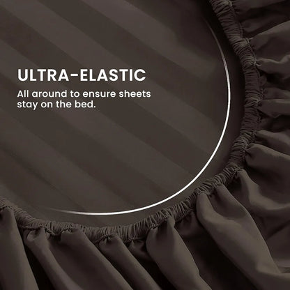 Cloth Fusion Elastic Fitted Glace Cotton Satin Striped Bedsheet Single Size with 1 Pillow Cover Dark Brown
