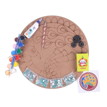 Hobby India Diy Lippan Art Mandala Painting and Craft Kit - Complete Set With Wooden Mandala Board | Peacock Design