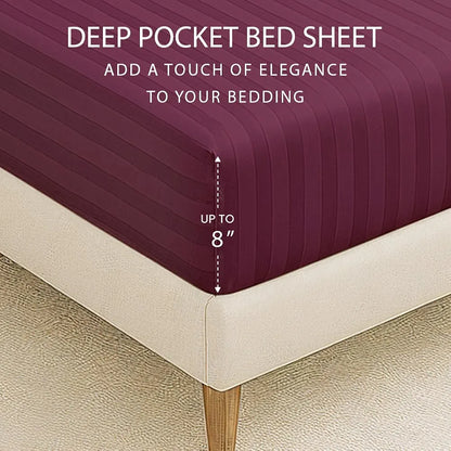 Cloth Fusion Elastic Fitted Glace Cotton Satin Striped Bedsheet Queen Size with 2 Pillow Covers Wine