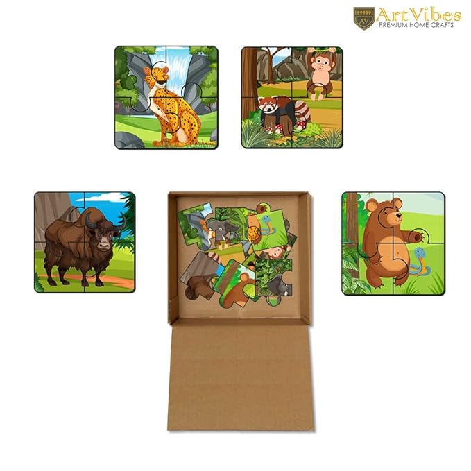 Artvibes Animals Wooden Jigsaw Puzzle Games for Children & Kids Age 2-5 | 4 Pieces Puzzles | Toddler's Wooden Puzzle | Set of 6