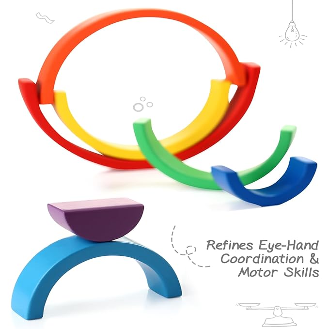 Firstcry Intelliskills Premium 7 Pcs Wooden Rainbow Blocks Stacker Game | Montessori Educational Round Stacking Toy for Kids