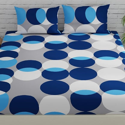Huesland by Ahmedabad Cotton 144 TC Cotton Bedsheets for King Size Bed with 2 Pillow Covers | Bubble Drop | Blue & Grey