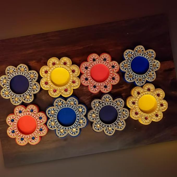 Hobby India 10 Pieces Mdf Wooden Flower Tealight Candle Holder for Home and Office Decoration