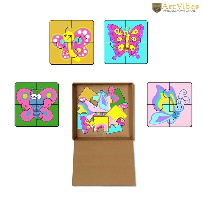 Artvibes Butterflies Wooden Jigsaw Puzzle Games for Children & Kids Age 2-5 | 4 Pieces Puzzles | Toddler's Wooden Puzzle | Set of 6