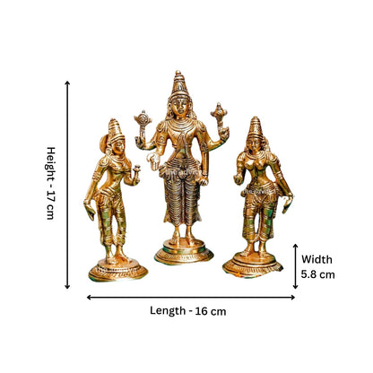 The Advitya Brass Vishnu With Bhudevi & Sridevi Statue | Set of 3 | Satya Narayan Swami Statue for Home Pooja