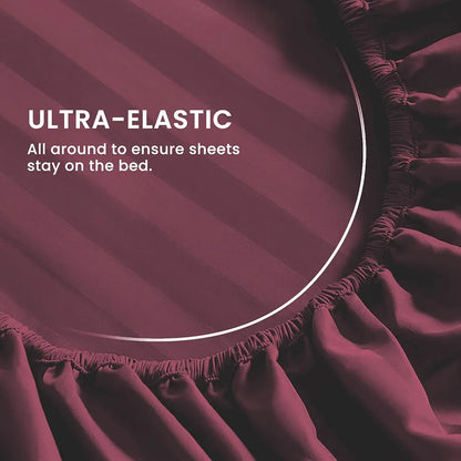Cloth Fusion Elastic Fitted Glace Cotton Satin Striped Bedsheet Queen Size with 2 Pillow Covers Wine