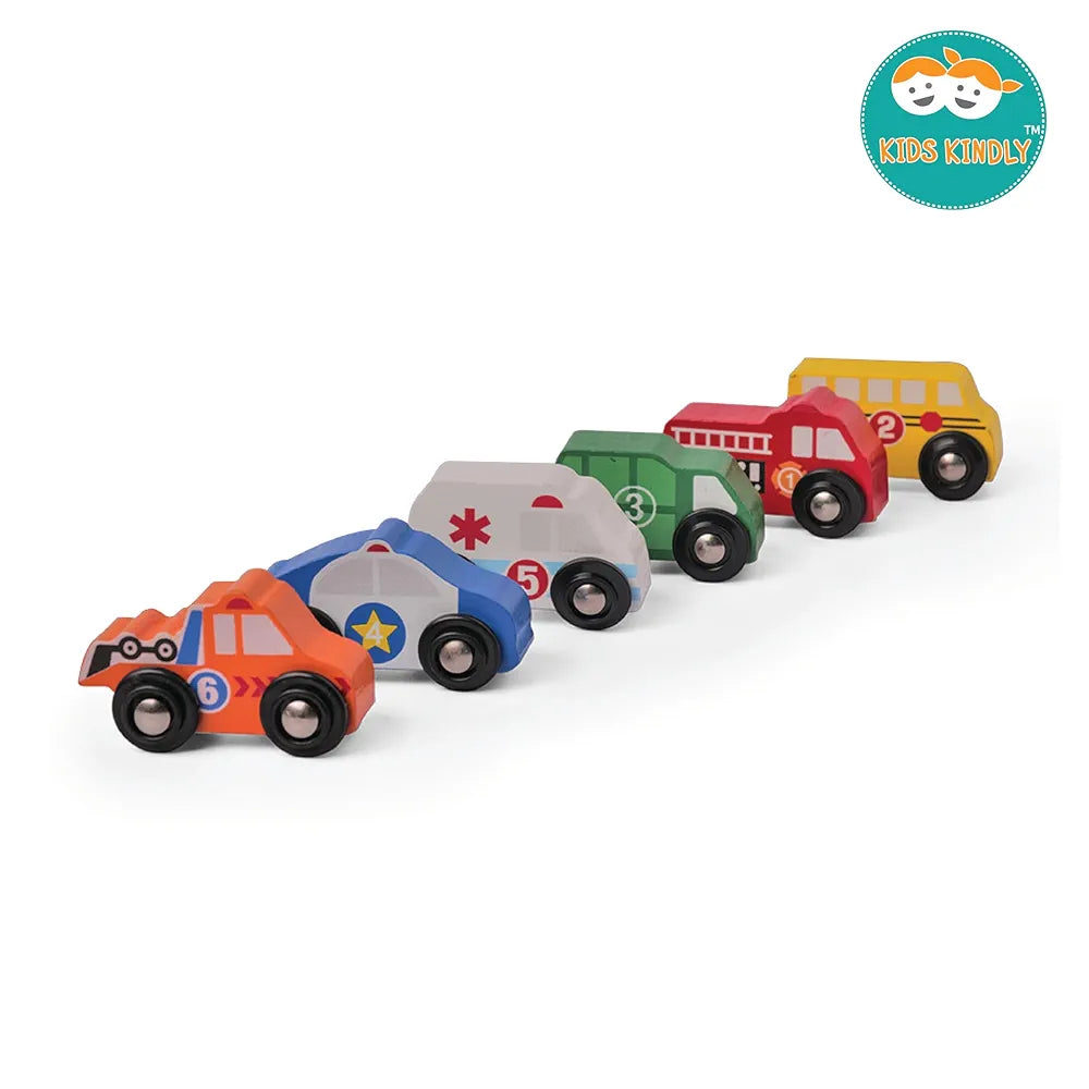 KIDS KINDLY Mini Vehicle Wooden Toys - Age 3 & Set of 6 Ambulance Wooden Small Toys for Kids, Cars Set Classic Rescue & Construction Vehicles Driving Cars for Boys Girls Educational Plays