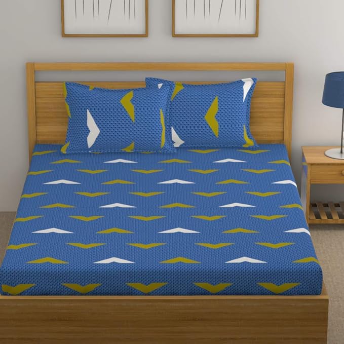 Huesland by Ahmedabad Cotton 144 TC Cotton King Size Bedsheet with 2 Pillow Covers | Blue, White & Green