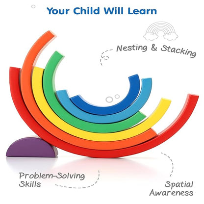 Firstcry Intelliskills Premium 7 Pcs Wooden Rainbow Blocks Stacker Game | Montessori Educational Round Stacking Toy for Kids