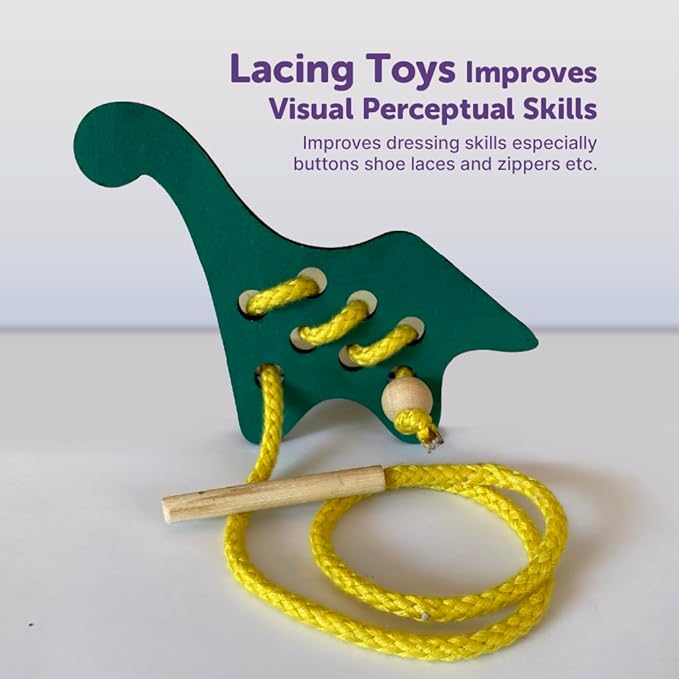 Mini Leaves Lacing Activity for Kids | Wooden Lacing Toys for Toddlers | Preschooler Educational fine Motor Skill | Dinosaur