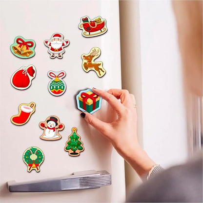 Mini Leaves Colorful Christmas Santa Claus Wooden Fridge Magnets Cut Outs Multicolor Set of 11| Festive Season Fridge Magnetic Toys