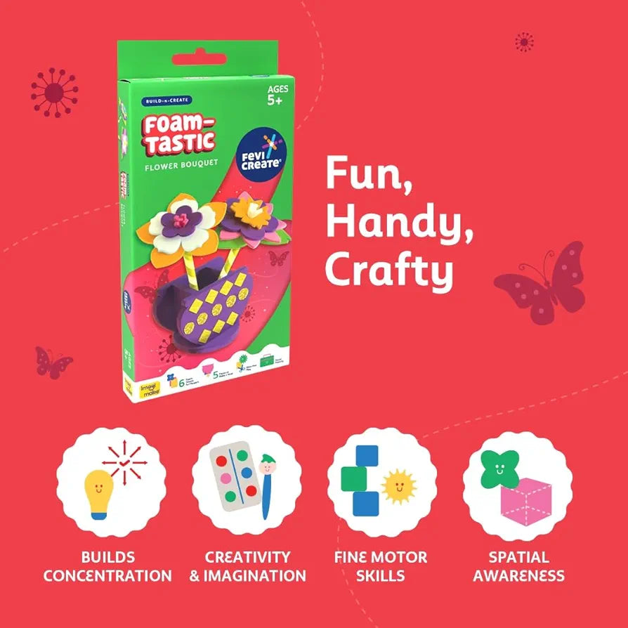 Fevicreate Build-n-Create Foam-Tastic Flower Bouquet Kit | Flower Making | Foam Craft | Develop Fine Motor Skills | Travel Friendly | Screen-Free Play | Gifting | Ages 5 +