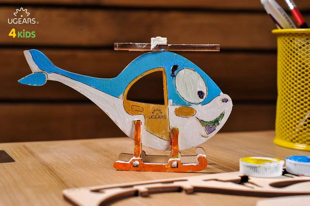 UGEARS Helicopter - 3D Wooden Jigsaw Puzzle - Coloring Kit - STEAM Learning Brain Game for Kids, Ages 5+, 8 Pieces