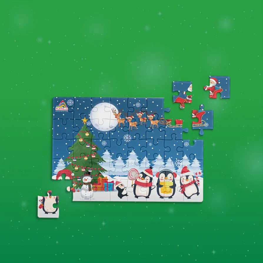 Playhills Wooden Puzzle Happy Penguin Family Celebrating Christmas 60 Puzzle Pieces, Ideal Christmas Gift for Kids 3,4,5,6,7 Years