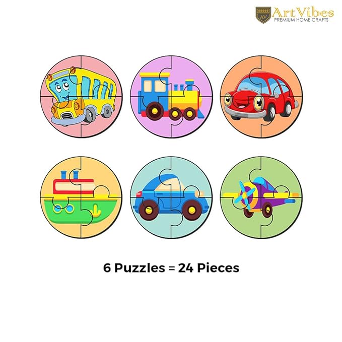 Artvibes Vehicle Premium Wooden Puzzles for Kids | Jigsaw Puzzles for Kids Age 2-5 | Toddlers Wooden 4 Pieces Puzzle | Set of 6
