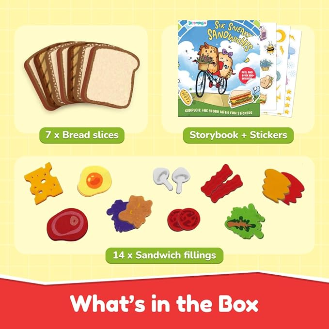 Bloomingo Pretend Play Kit Six Sneaky Sandwiches | Fun Sandwich Making Set for Kids | 100+ Fun Stickers