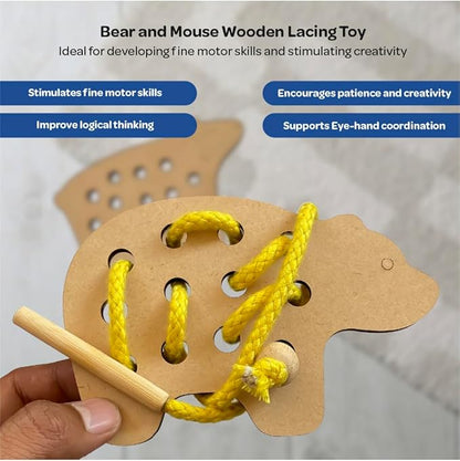 Mini Leaves Lacing Activity for Kids | Wooden Lacing Toys for Toddlers | Fine Motor Skill Toys | Pack of 2 | Bear and Mouse