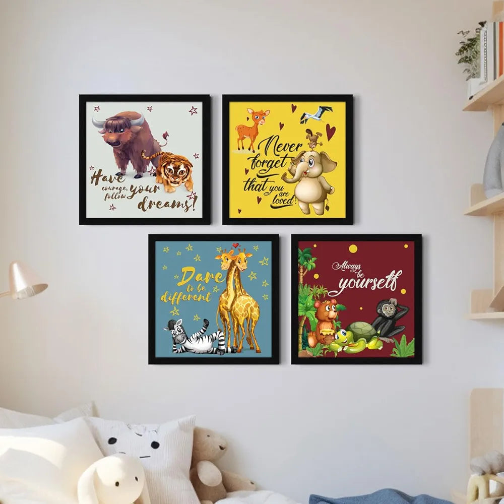 ArtX Set of 4 Cartoons Animals-02 Kids Room Wall Art Painting Multicolor Synthetic Wood Set Of 4