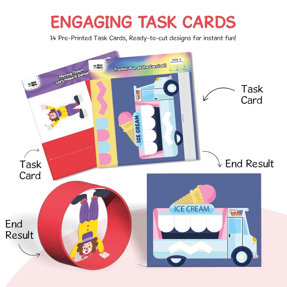 GiniMini Snip 'N' Ta-Da-Crazy Carnival – Scissor Activity Kit for Kids 4 5 6 7 | Fine Motor Development, Pre-Printed Craft Sheets, Child-Safe Snip Scissors, DIY Carnival Crafts | Fun Learning Gift