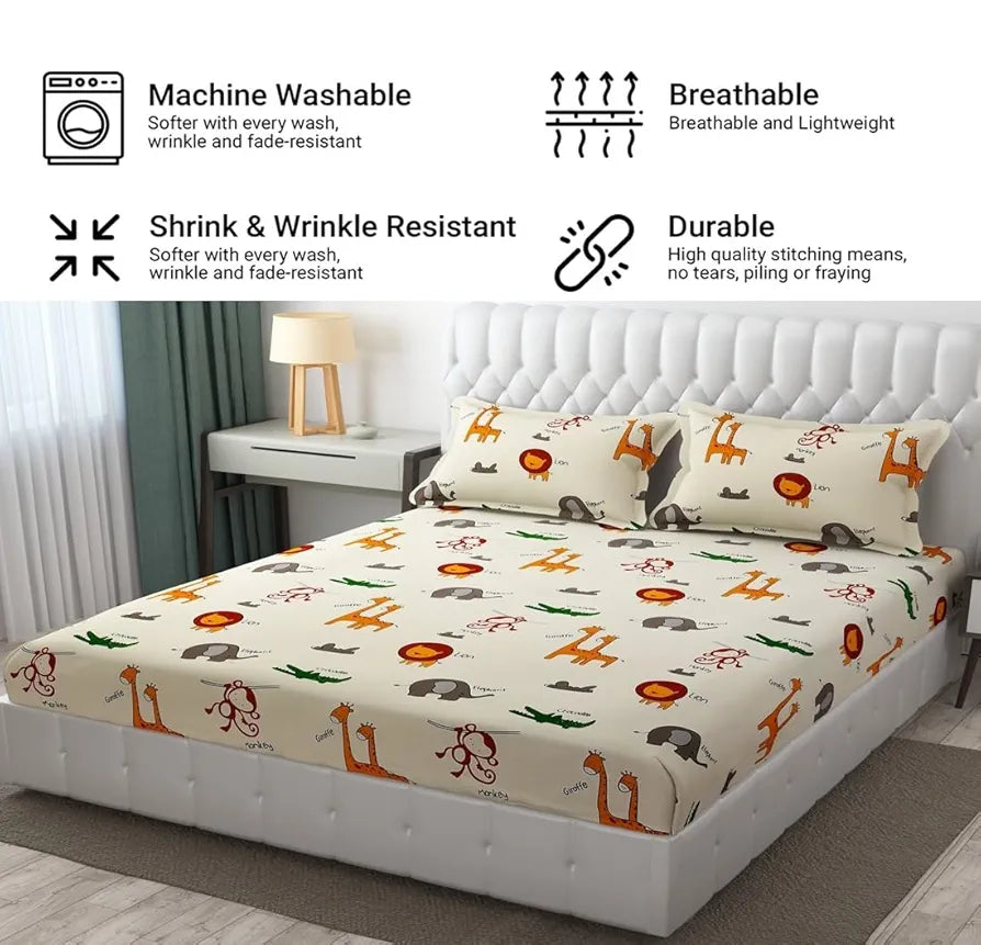 Fresh From Loom Bed Sheet with 2 Pillow Cover Cartoon Printed Double Bed King Size Bedsheet 144 TC Multi-Color 2