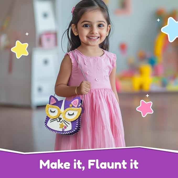 Bloomingo Art & Craft Kit - Kitty Sling Bag | Fun Mess Free Arts & Craft Kit for Kids | Design Your Own Cute Diy Craft Bag