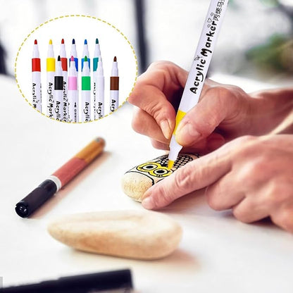 Hobby India Colourful Waterproof Acrylic Pen 12 Shades | Paint Pen Marker Set Fine Dry Tip Acrylic Markers