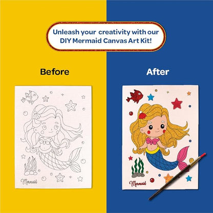 Mini Leaves DIY Art Set Colour Me Mermaid DIY Canvas Art Kit with Wooden Easel, Premium Paint Kit for Kids 6+ Years | Single Piece