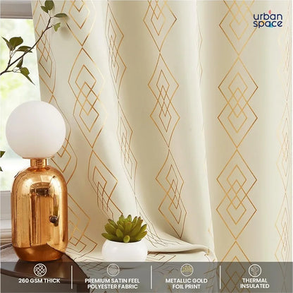 Urban Space Blackout Curtains for Living Room, Gold Foil Printed Luxurious Blackout Decorative Curtains Eyelet with Tieback, 1 Piece Diamond Beige