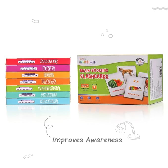 Firstcry Intelliskills Premium 7-in-1 Brain Boosting Non-tearable Flash Cards for Kids | 190 Cards | 1+ Years | Montessori Education Toy for Toddlers
