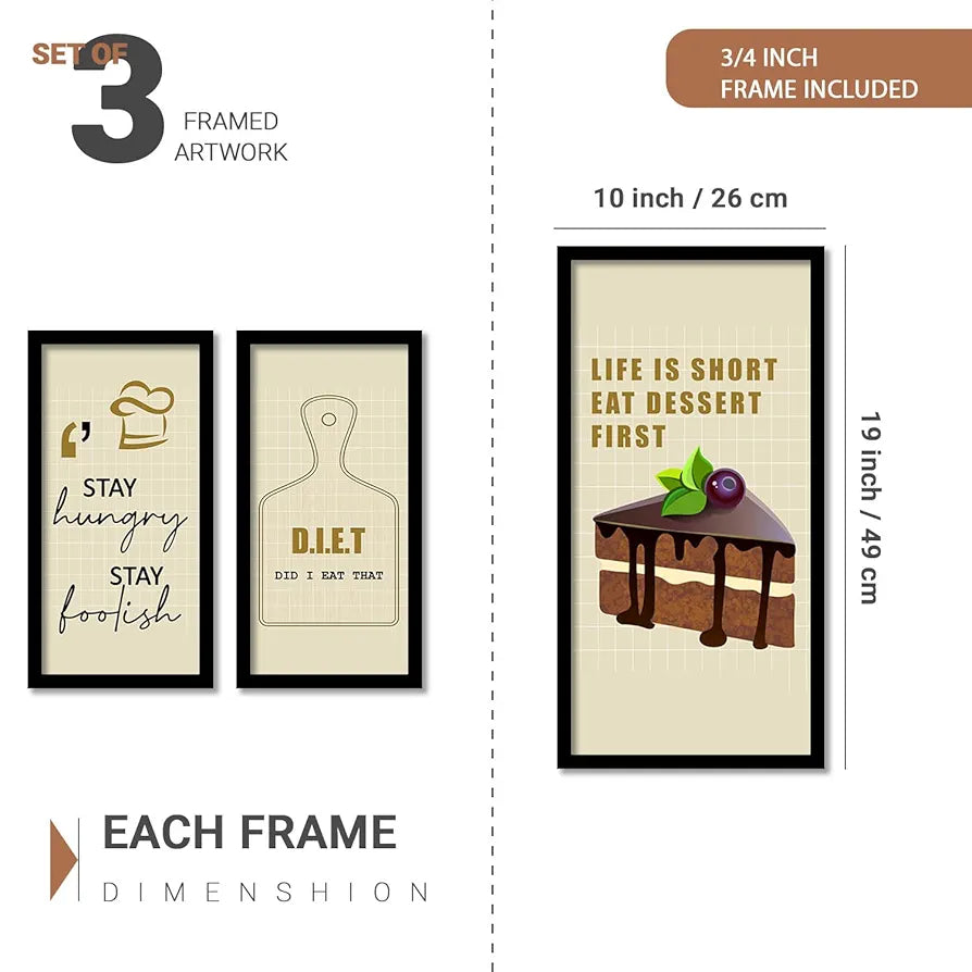 Kotart Quotes Posters with Frame for Restaurant Life Is Short Set of 3