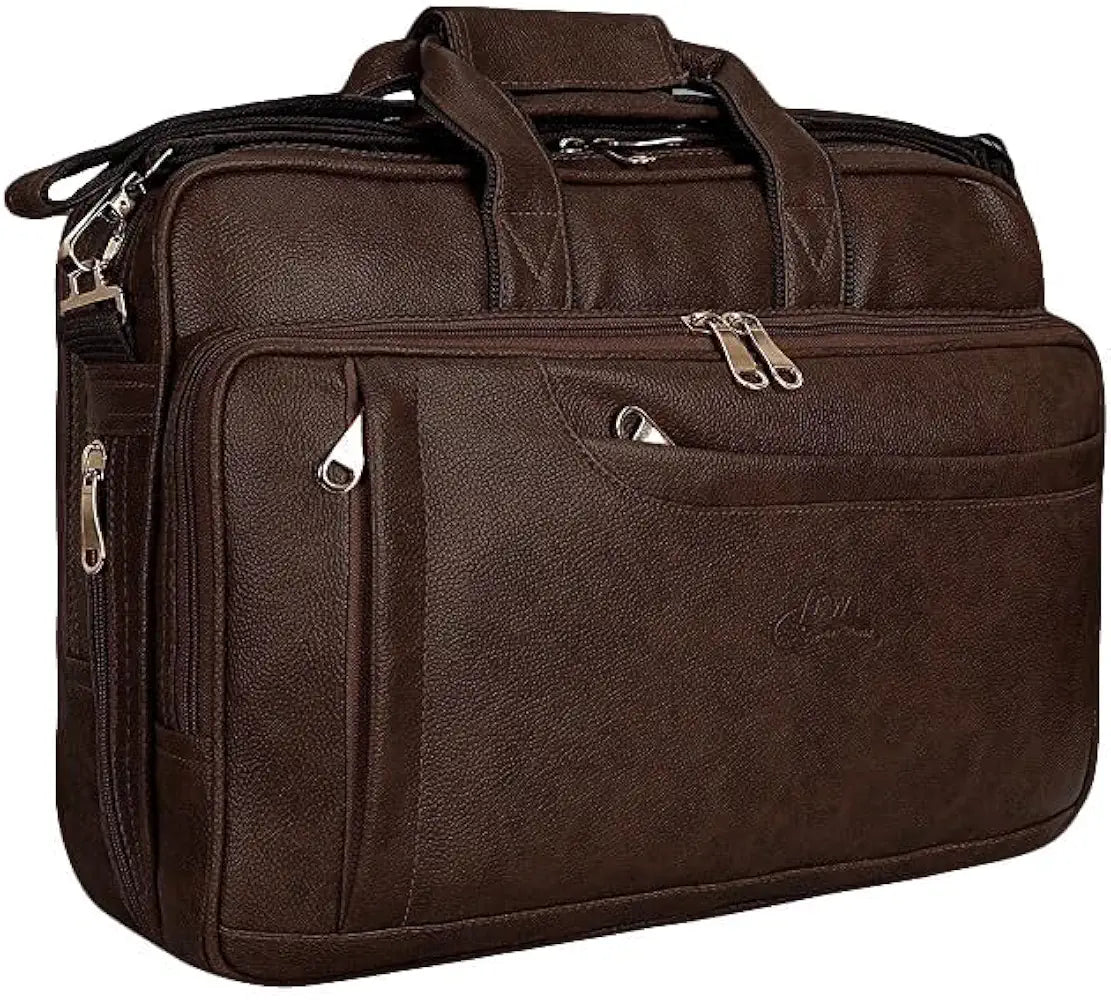 Leather World Synthetic Leather Briefcase: 15.6 Inch Brown Laptop Office Expandable Messenger Shoulder Bag for Men and Women