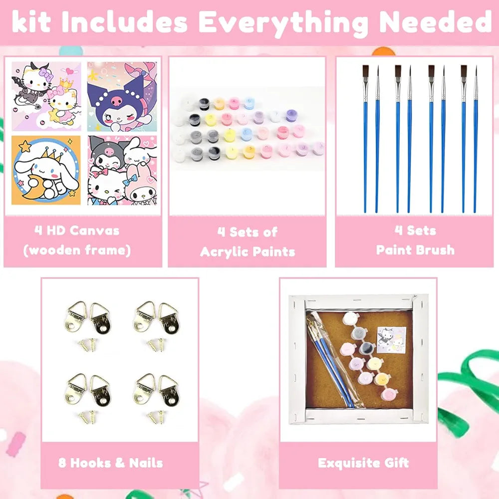 HASTHIP® 4Pcs DIY Oil Painting Paint by Numbers Kits 7.8 Inches Cartoon Sanrio Anime Framed Canvas Oil Set with Brush & Featuring Vibrant Pigments for Kids & Adult Beginners Gifting & Wall Decor