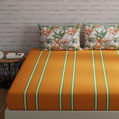 Huesland by Ahmedabad Cotton 144 TC King Size Bedsheet Cotton with 2 Pillow Covers | Stripes & Flamingos Orange & Green