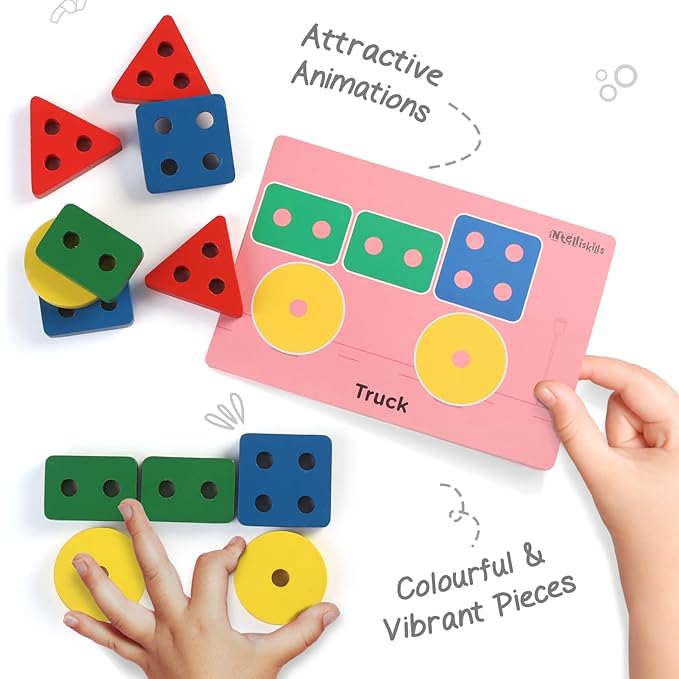 Fristcry Intelliskills Premium 18 Pcs Wooden Geometric Shape Sorter & Flash Card for Kids | Educational Blocks Puzzles for Boys & Girls