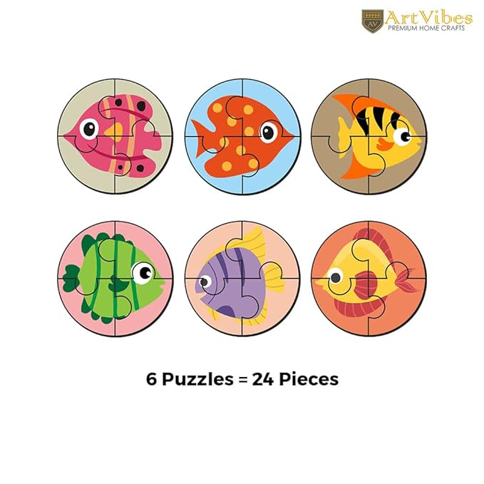 Artvibes Cute Fishes Premium Wooden Puzzles for Kids Age 2-5 | 4 Piece Puzzles | Toddlers Wooden Puzzle | Set of 6