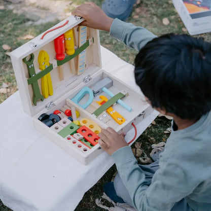 NESTA TOYS - Wooden Tool Kit Set with Tool Box | Pretend Play Portable Construction Tools Kit Toys for Kids | 33 Piece 