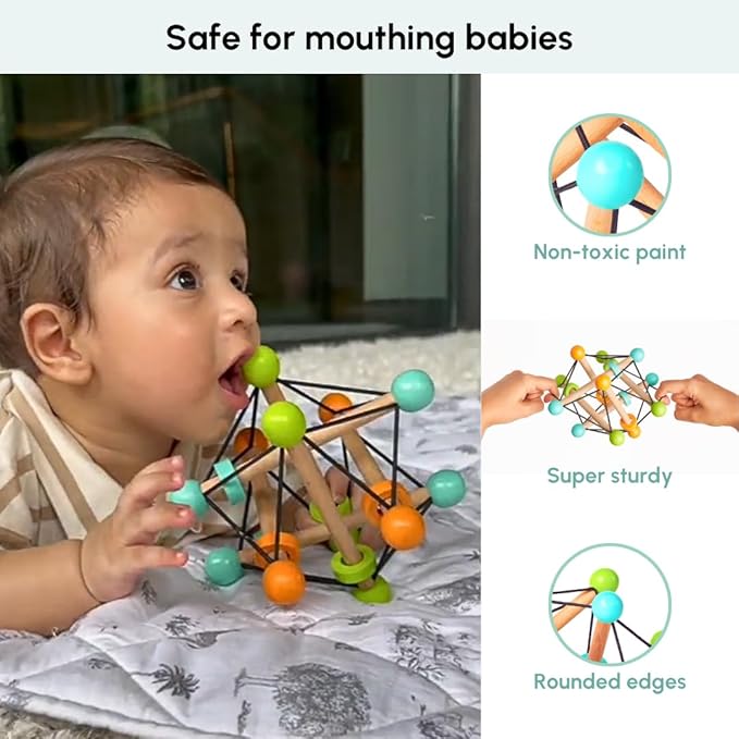 Curious Cub Montessori Geometric Rattle Ball Toy for Babies | Baby Hand Toy | Promotes Motor Skills, Hand-eye Coordination & Brain Development