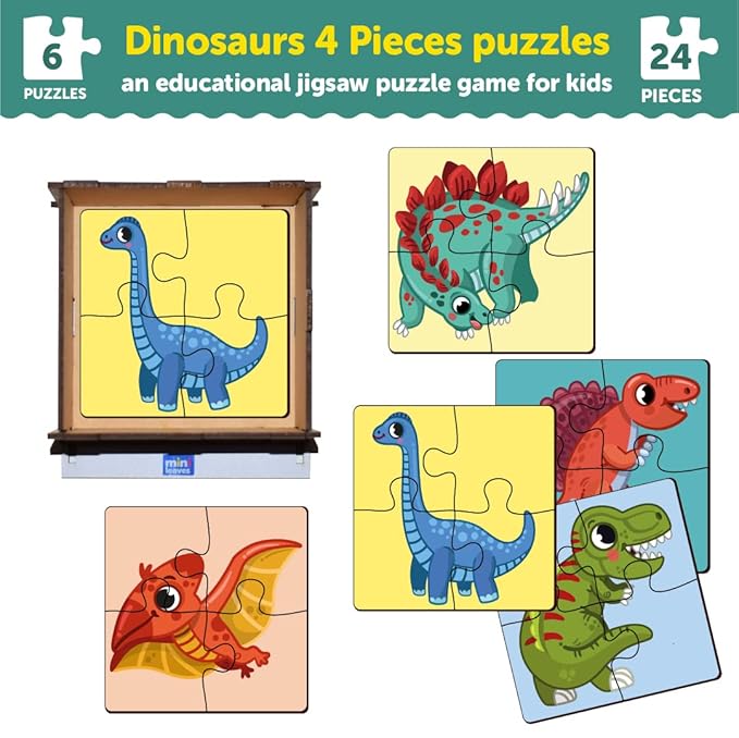 Mini Leaves 4 Pieces Wooden Puzzle for Kids | Set of 6 Dinosaurs Jigsaw Puzzle | Educational Puzzle Game With Wooden Box