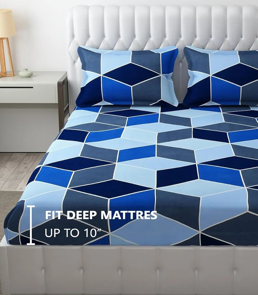 Fresh From Loom Soft Glace Cotton Fitted Bedsheet King Size Bed with Two Pillow Cover Elastic Geometric Bluish Multicolor 144 TC
