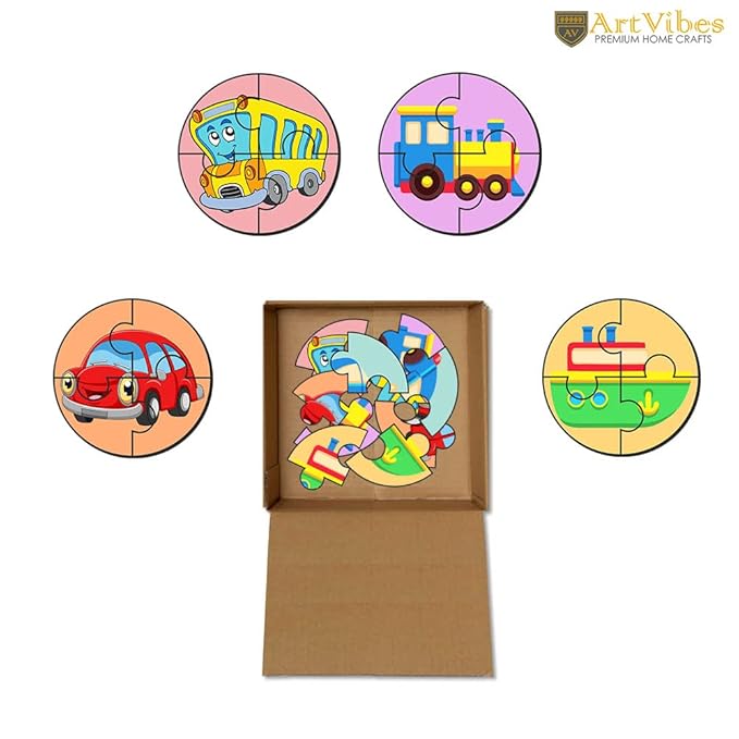 Artvibes Vehicle Premium Wooden Puzzles for Kids | Jigsaw Puzzles for Kids Age 2-5 | Toddlers Wooden 4 Pieces Puzzle | Set of 6