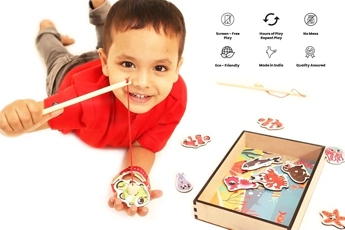 Mini Leaves Wooden Magnetic Fishing Game for Kids | Educational Fish Catching Game for Kids | 13 Pieces Square