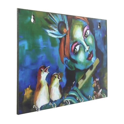 Ecraftindia Shree Krishna Theme Wooden Key Holder With 6 Hooks