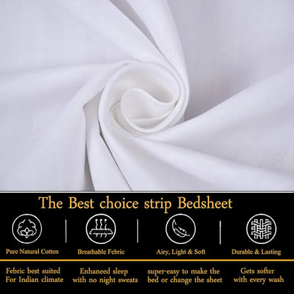 Fresh From Loom 300 TC Soft Skin Safe Breathable Queen Size Flat Striped Bedsheets Double Bedsheet Set with 2 Pillow Covers White